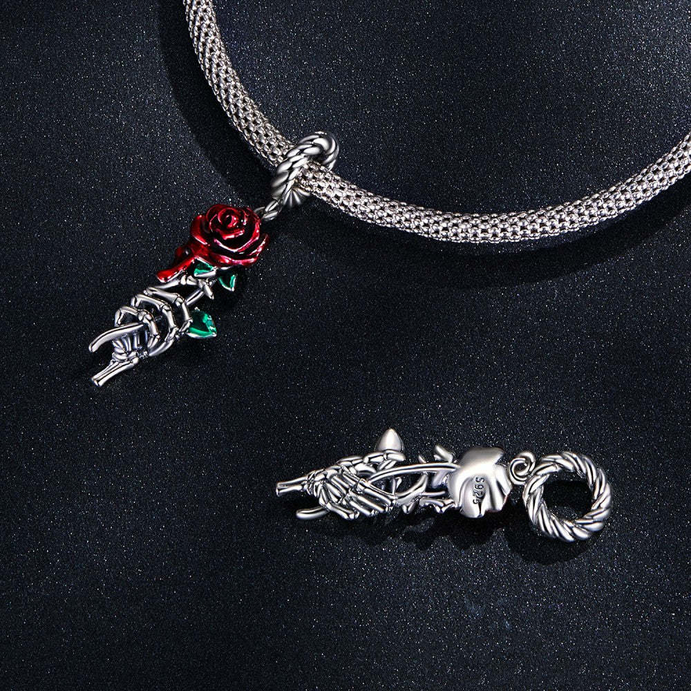 red blood rose dangle charm 925 sterling silver yb2446