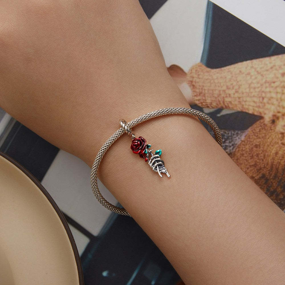 red blood rose dangle charm 925 sterling silver yb2446