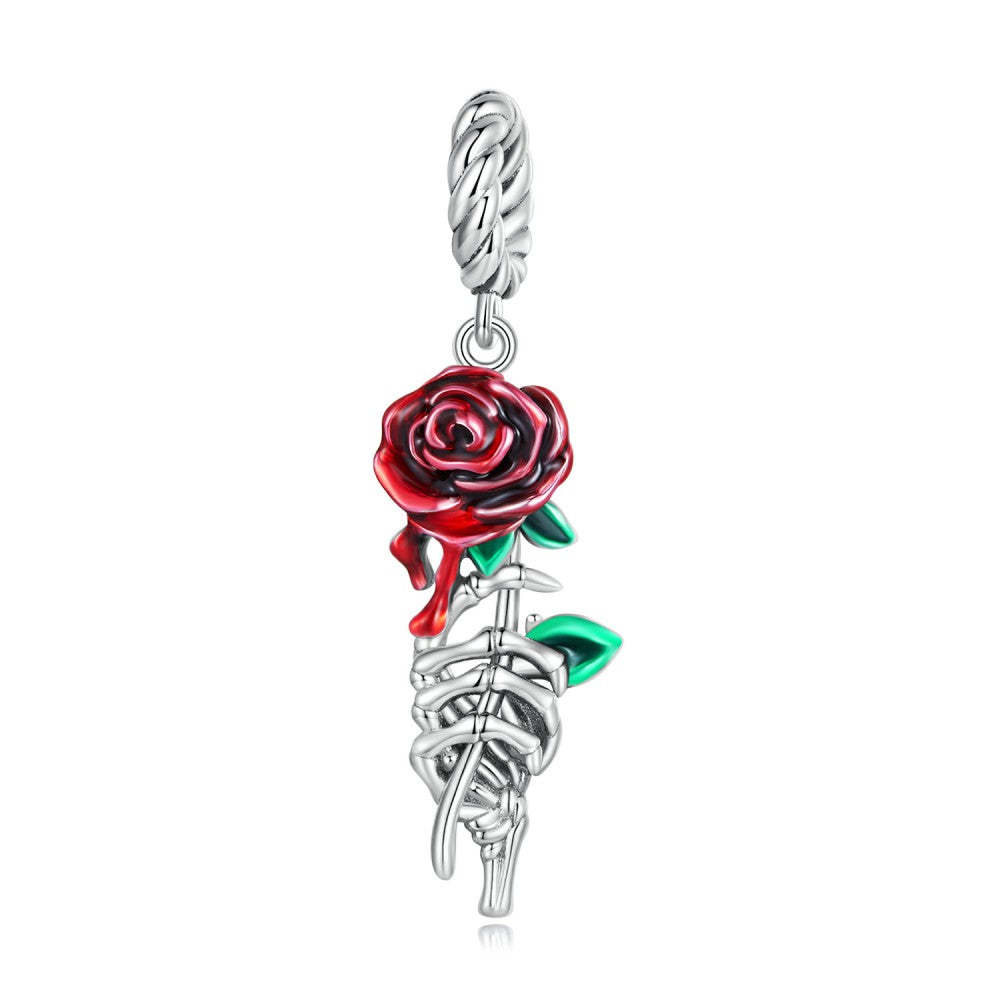 red blood rose dangle charm 925 sterling silver yb2446