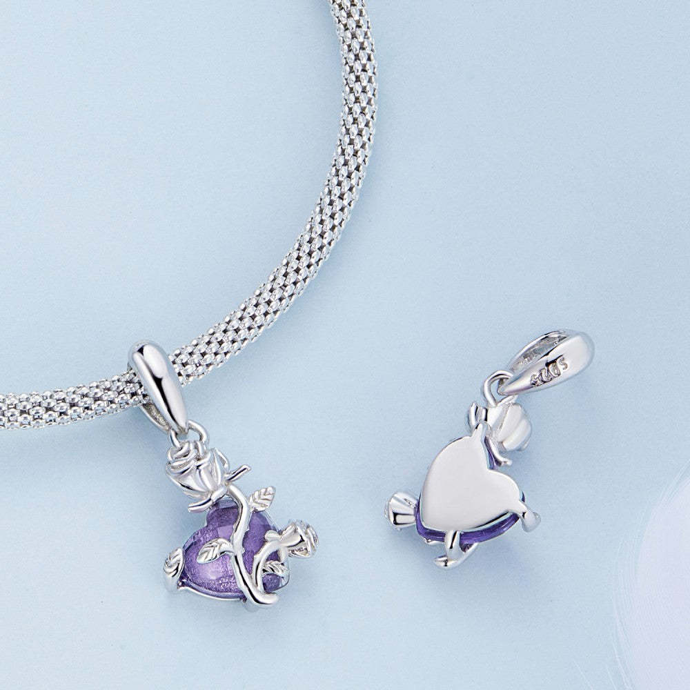 roses and purple heart dangle charm 925 sterling silver yb2459