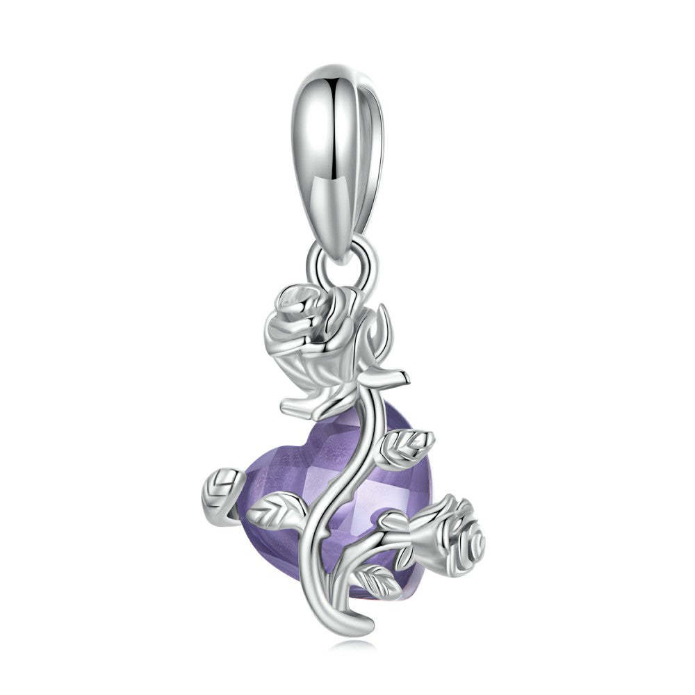 roses and purple heart dangle charm 925 sterling silver yb2459