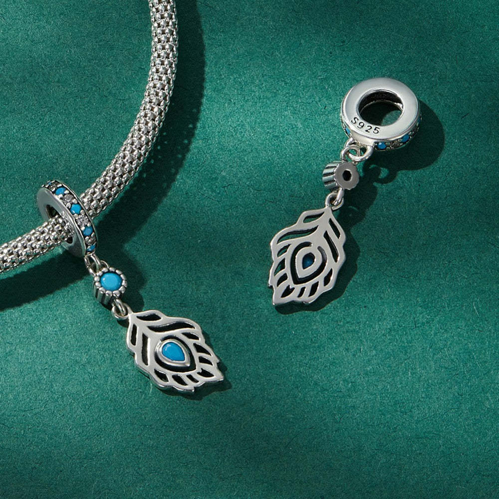 blue peacock feather dangle charm 925 sterling silver yb2469