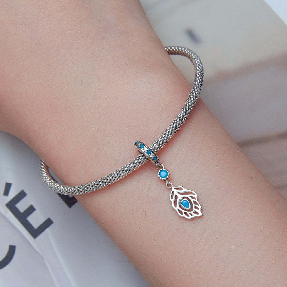 blue peacock feather dangle charm 925 sterling silver yb2469