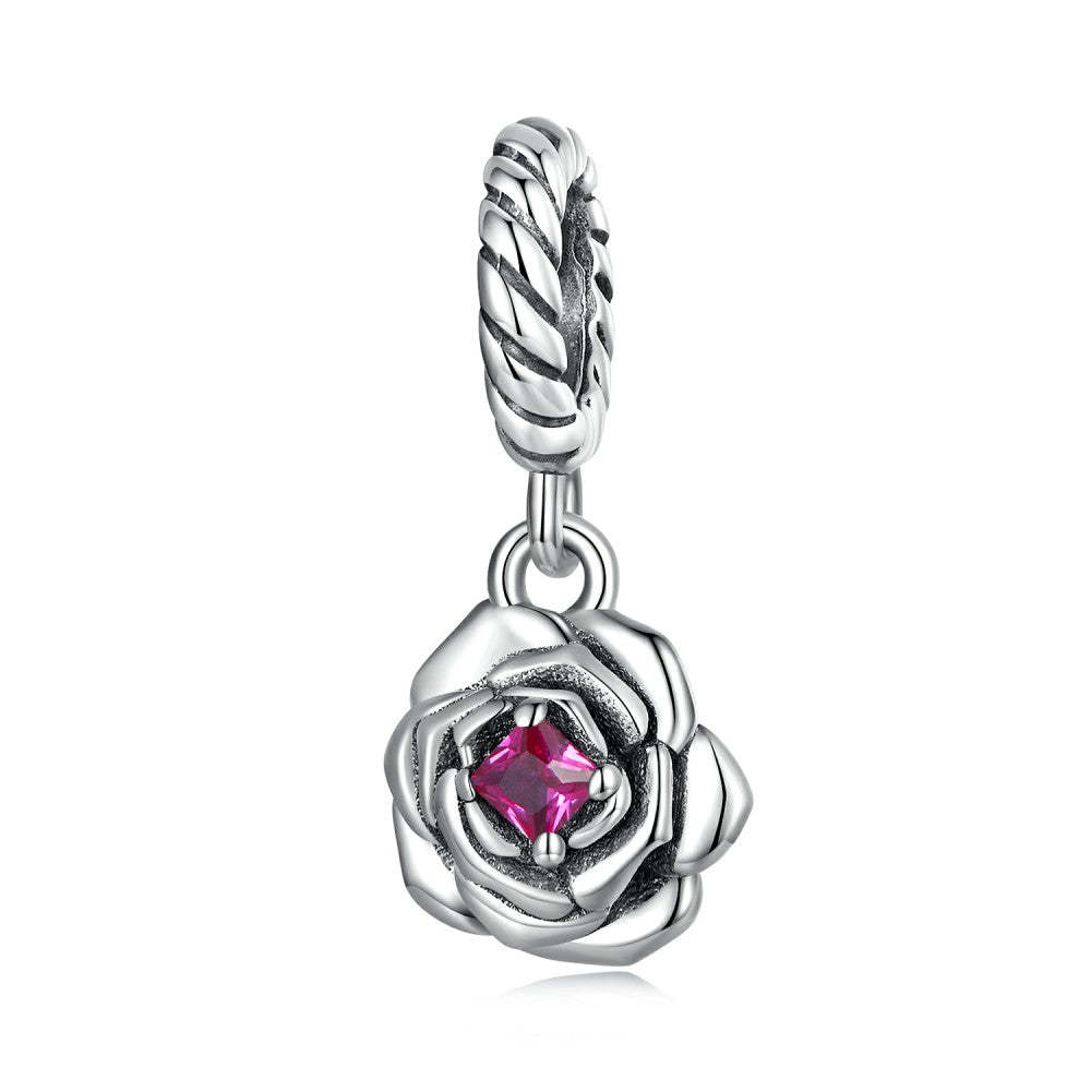 rose with pink red zircon dangle charm 925 sterling silver yb2489