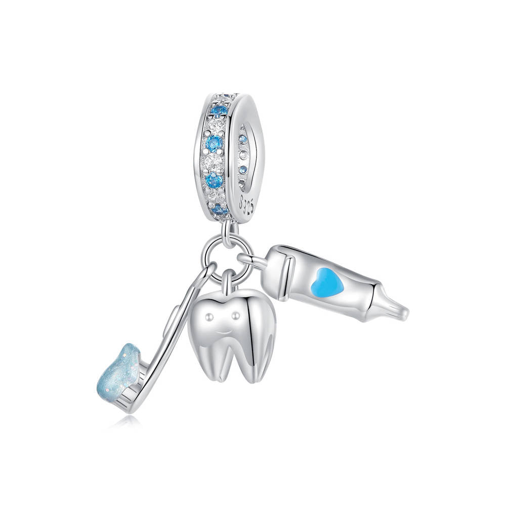 Teeth Brushing Three Piece Pendant Set Dangle Charm Silver - soufeelau