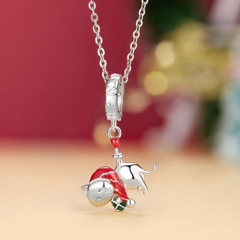 Christmas Cat Pendant Dangle Charm Silver Christmas Gifts - soufeelau
