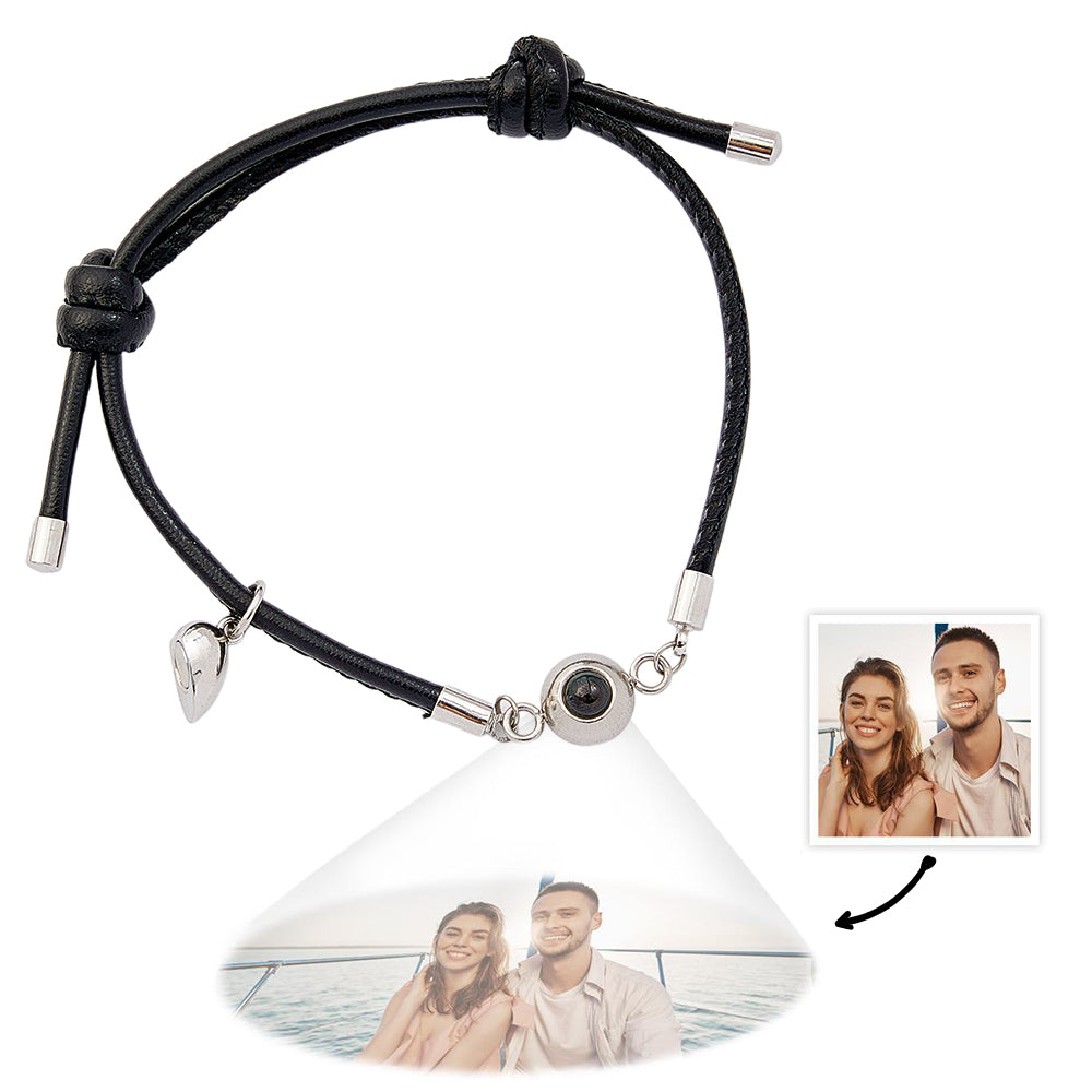 Custom Photo Projection Bracelet Leather Heart Magnetic Bracelet Gift for Couple - soufeelau