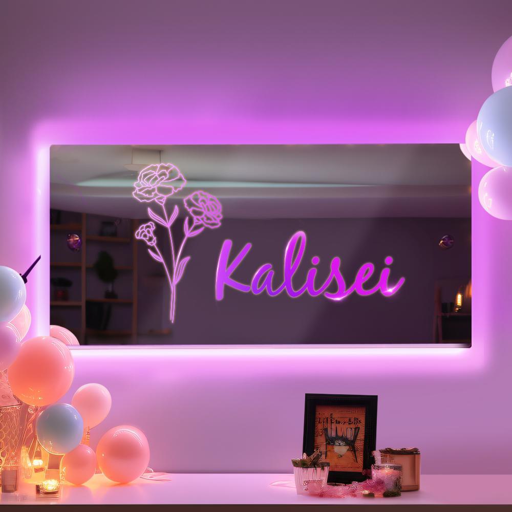 Personalised Name & Select Birthday Flower Month Xmas Birthday Mirror Sign Custom LED illuminated Light-Up Wall Mirrors - soufeelau
