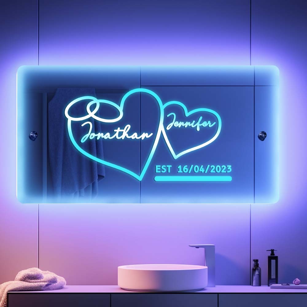 Personalized Name Mirror Heart Special Dates LED illuminated Light-Up Wall Decorations Valentine's Day Gifts For Couple - soufeelau