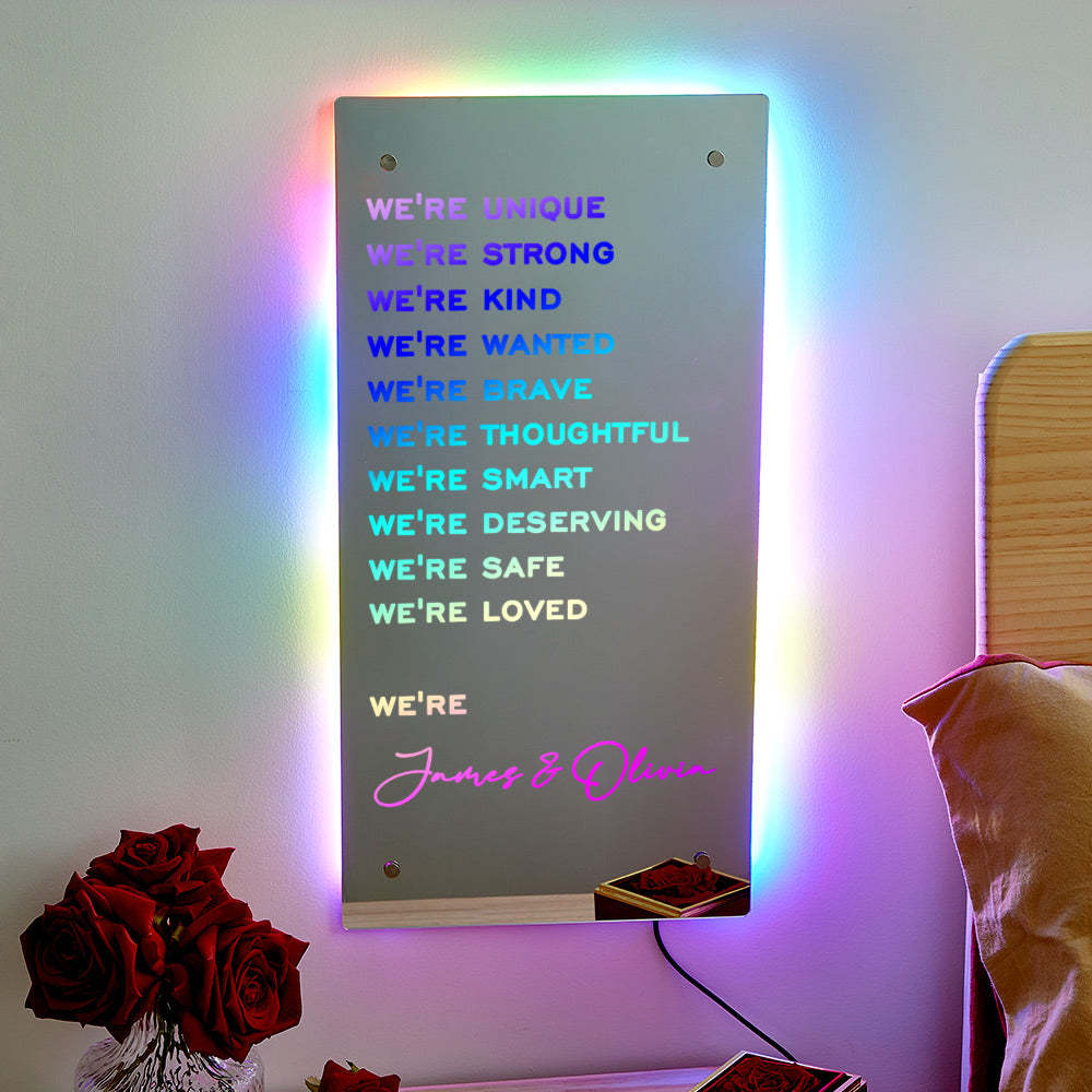 Valentine's Day Gift WE ARE Personalized Name Mirror Light Light Up Colorful Bedroom Lamp Gift for Couple - soufeelau