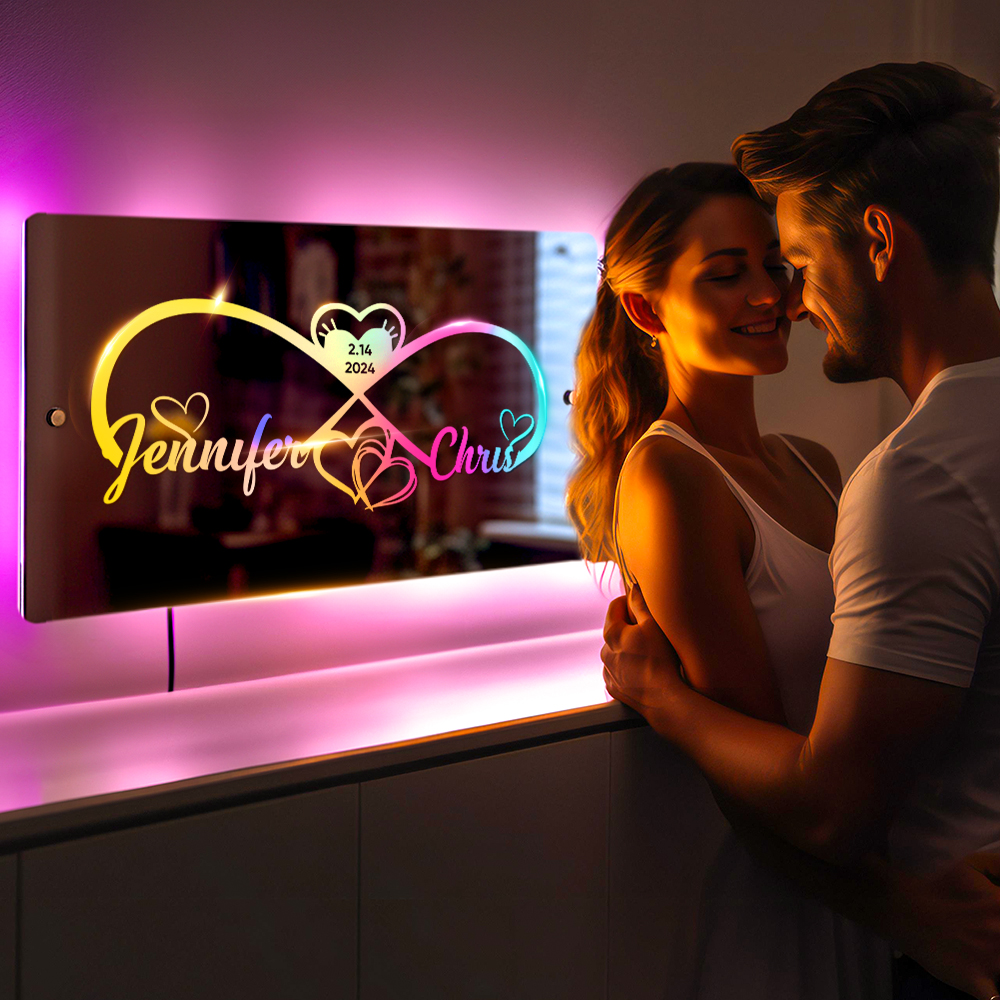 Personalized Engraved Infinity Heart Mirror Light Bedroom Sign Custom Mirror Neon Signs Wall Decor, Custom Name Sign for Bedroom,Valentine's Day Couple Gift - soufeelau