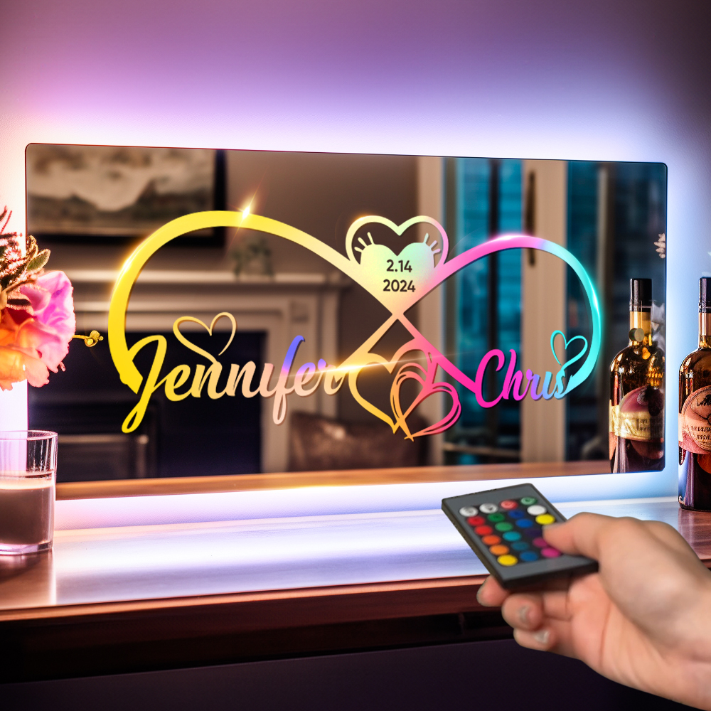 Personalized Engraved Infinity Heart Mirror Light Bedroom Sign Custom Mirror Neon Signs Wall Decor, Custom Name Sign for Bedroom,Valentine's Day Couple Gift - soufeelau