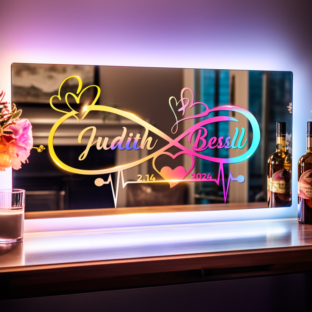 Personalized Name Mirror Light Infinity Heart Couple Gift Custom Mirror Neon Signs Wall Decor, Custom Name Sign for Bedroom Valentine's Day Gift - soufeelau