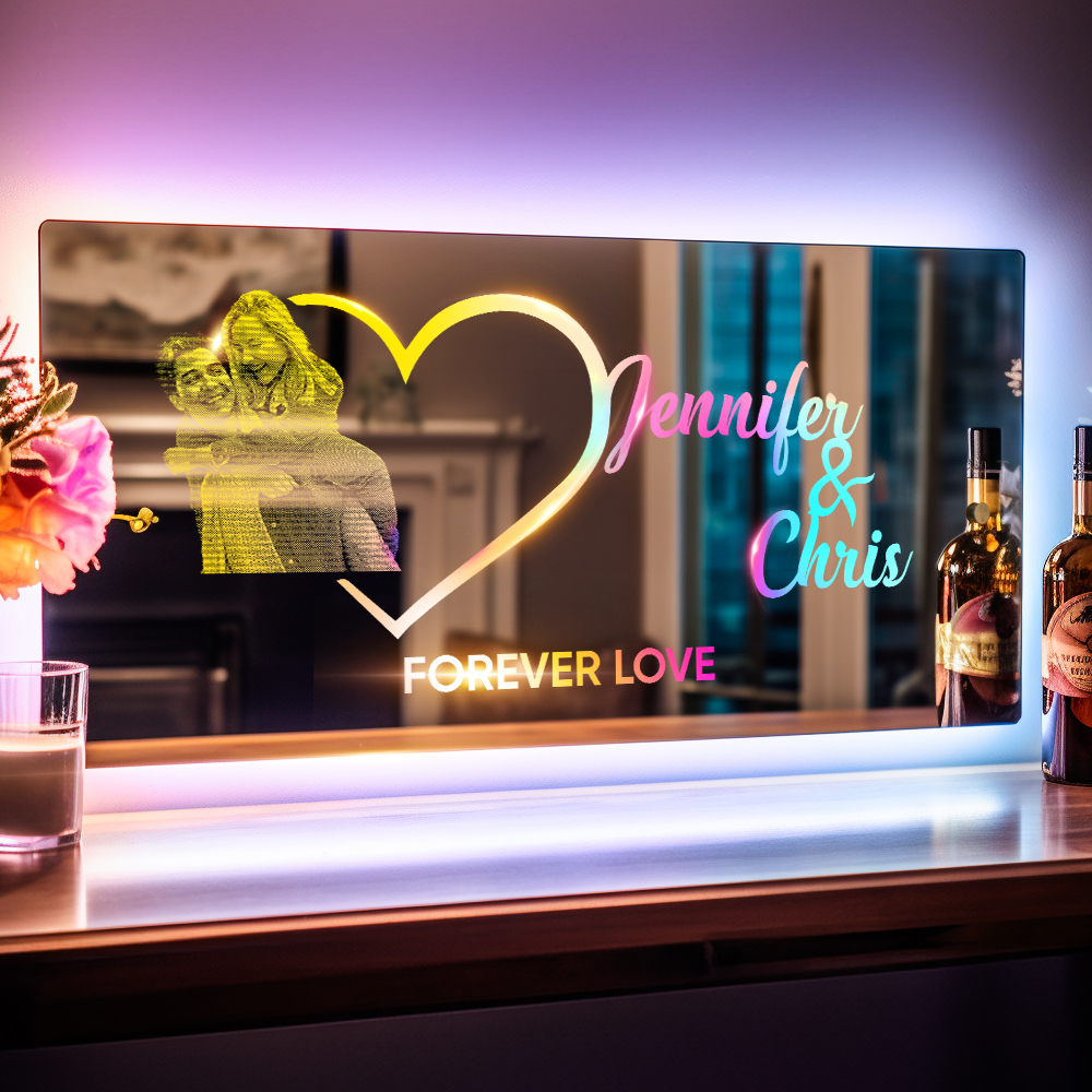 Personalized Photo Name Mirror Light Heart Couple Gift Custom Mirror Neon Signs Wall Decor Custom Name Sign for Bedroom Valentine's Day Gift - soufeelau