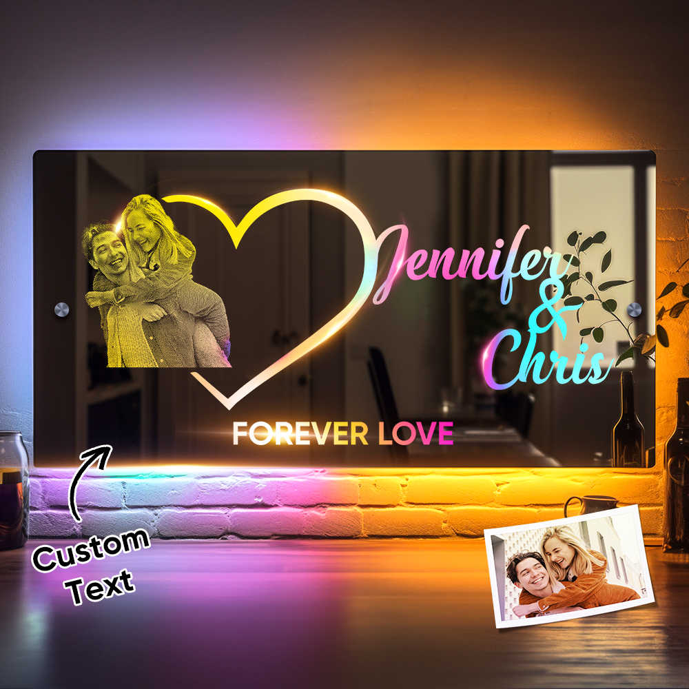 Personalized Photo Name Mirror Light Heart Couple Gift Custom Mirror Neon Signs Wall Decor Custom Name Sign for Bedroom Valentine's Day Gift - soufeelau