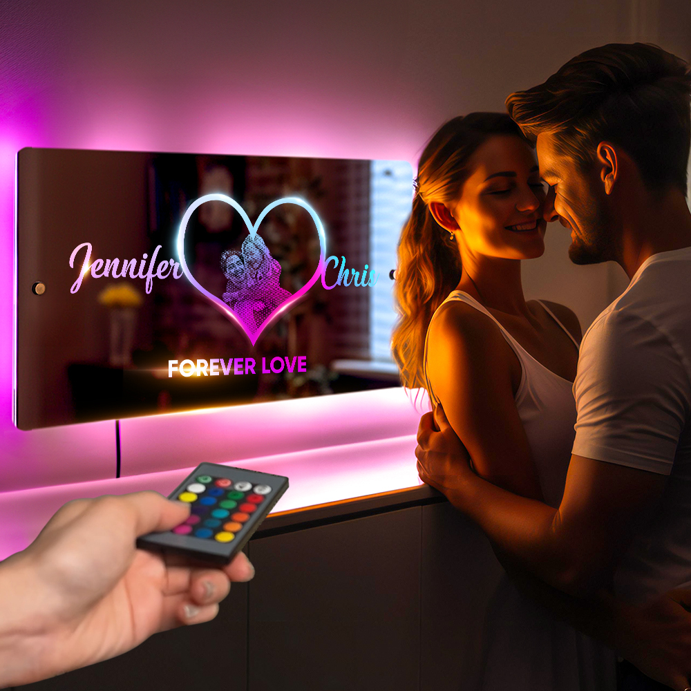Personalized Photo Name Mirror Light Heart Custom Mirror Neon Signs Wall Decor Colorful Bedroom Lamp Gift for Couple Valentine's Day Gift - soufeelau