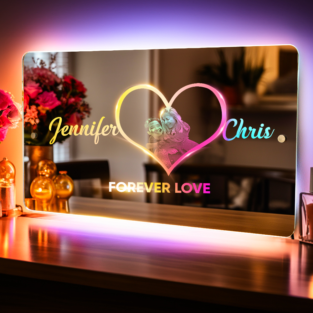 Personalized Photo Name Mirror Light Heart Custom Mirror Neon Signs Wall Decor Colorful Bedroom Lamp Gift for Couple Valentine's Day Gift - soufeelau