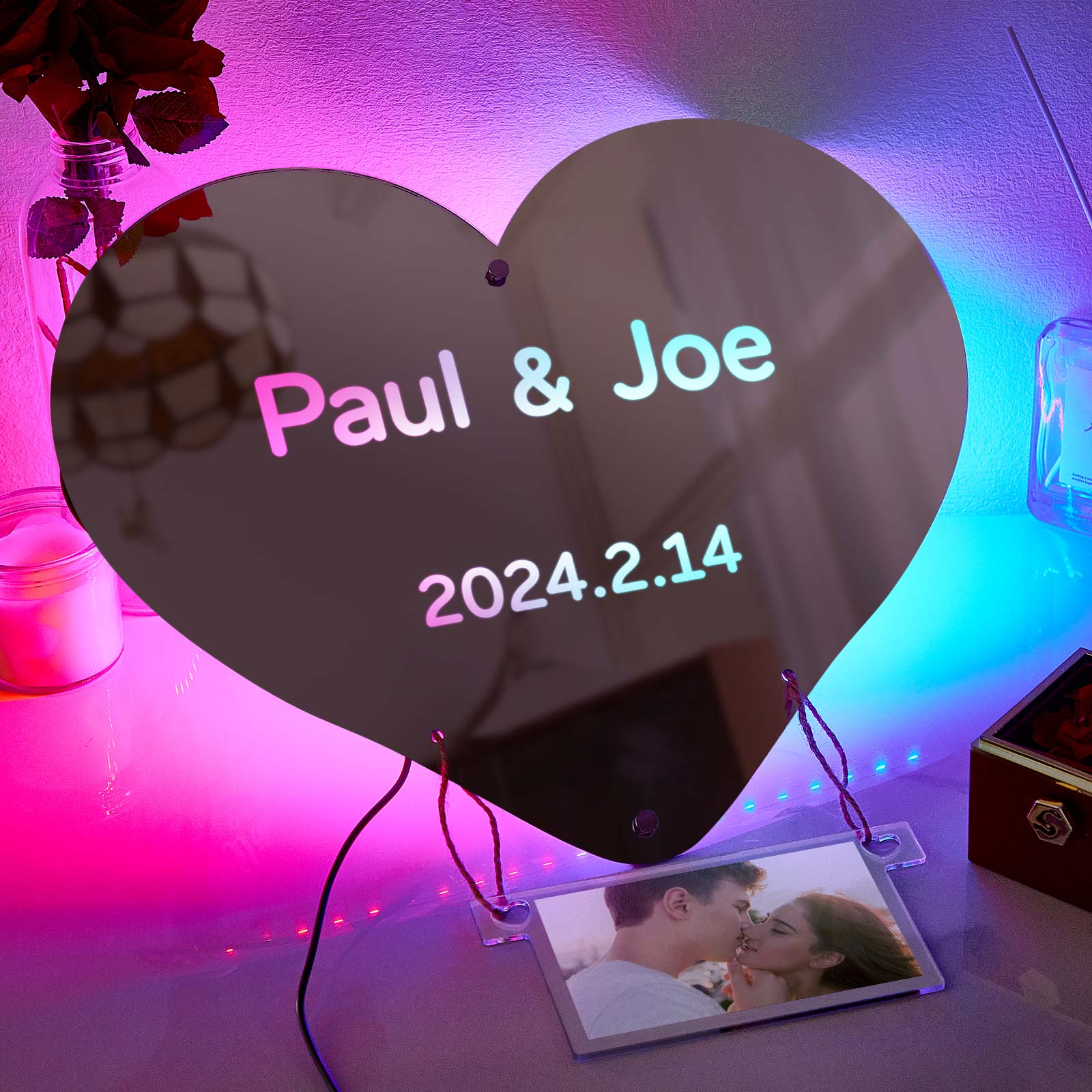 Custom Photo Engraved Mirror Light Hot Air Balloon Couple Gift - soufeelau