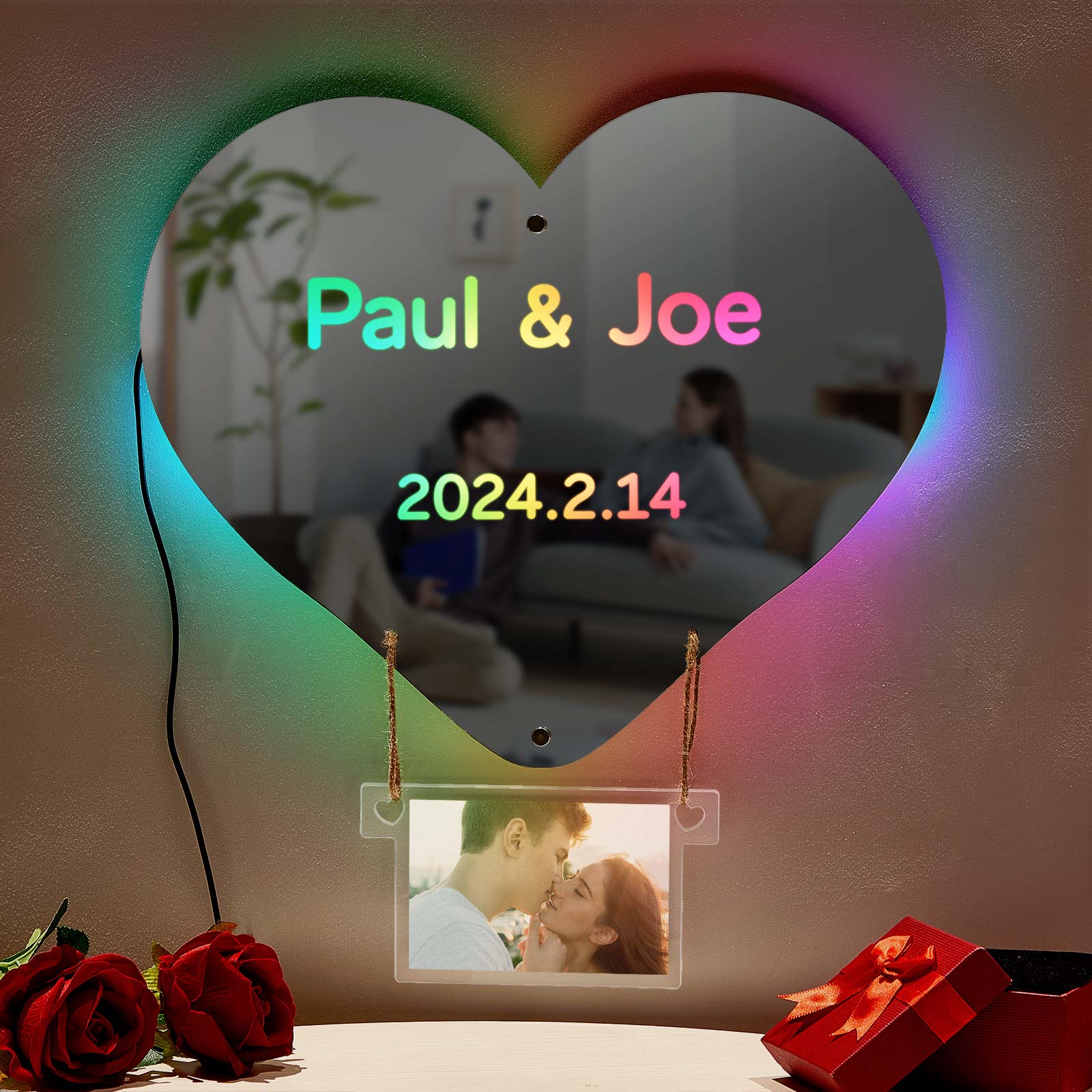 Custom Photo Engraved Mirror Light Hot Air Balloon Couple Gift - soufeelau