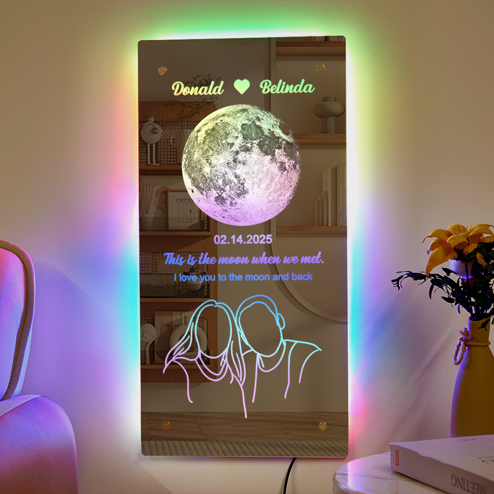Custom Moon Phase with Silhouette Photo Mirror Light Anniversary Gift - soufeelau