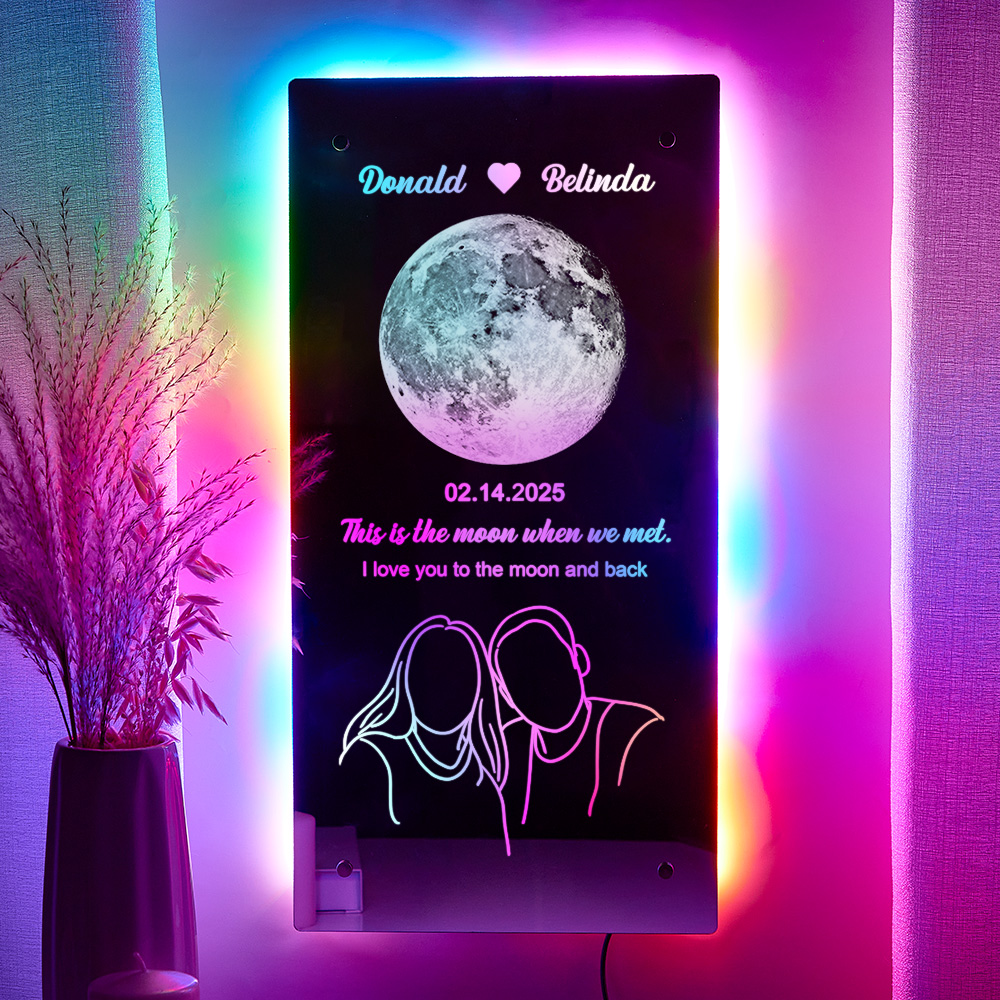 Custom Moon Phase with Silhouette Photo Mirror Light Anniversary Gift - soufeelau