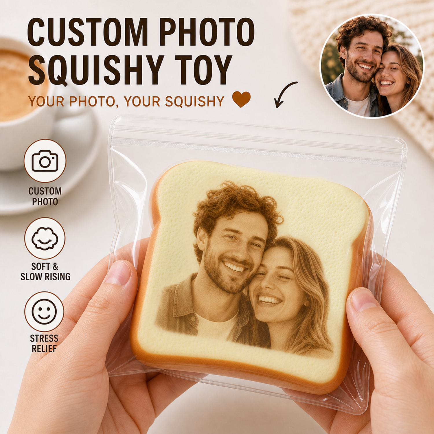Personalized Photo Toast Squishy Toy, Custom Face Bread Stress Relief Fidget Toy, Cute Memory Gift For Friends, Couples And Pet Lovers