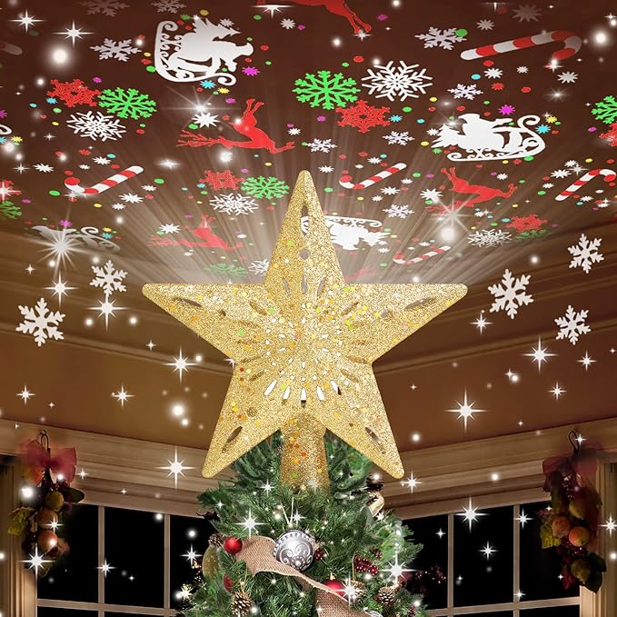 Christmas Tree Topper Star Lighted With 6 Projection Modes Christmas Star Tree Topper With Led Rotating Lights Gold Tree Topper 3d Glitter Dynamic Projection For Xmas Party Holiday Decorations - soufeelau