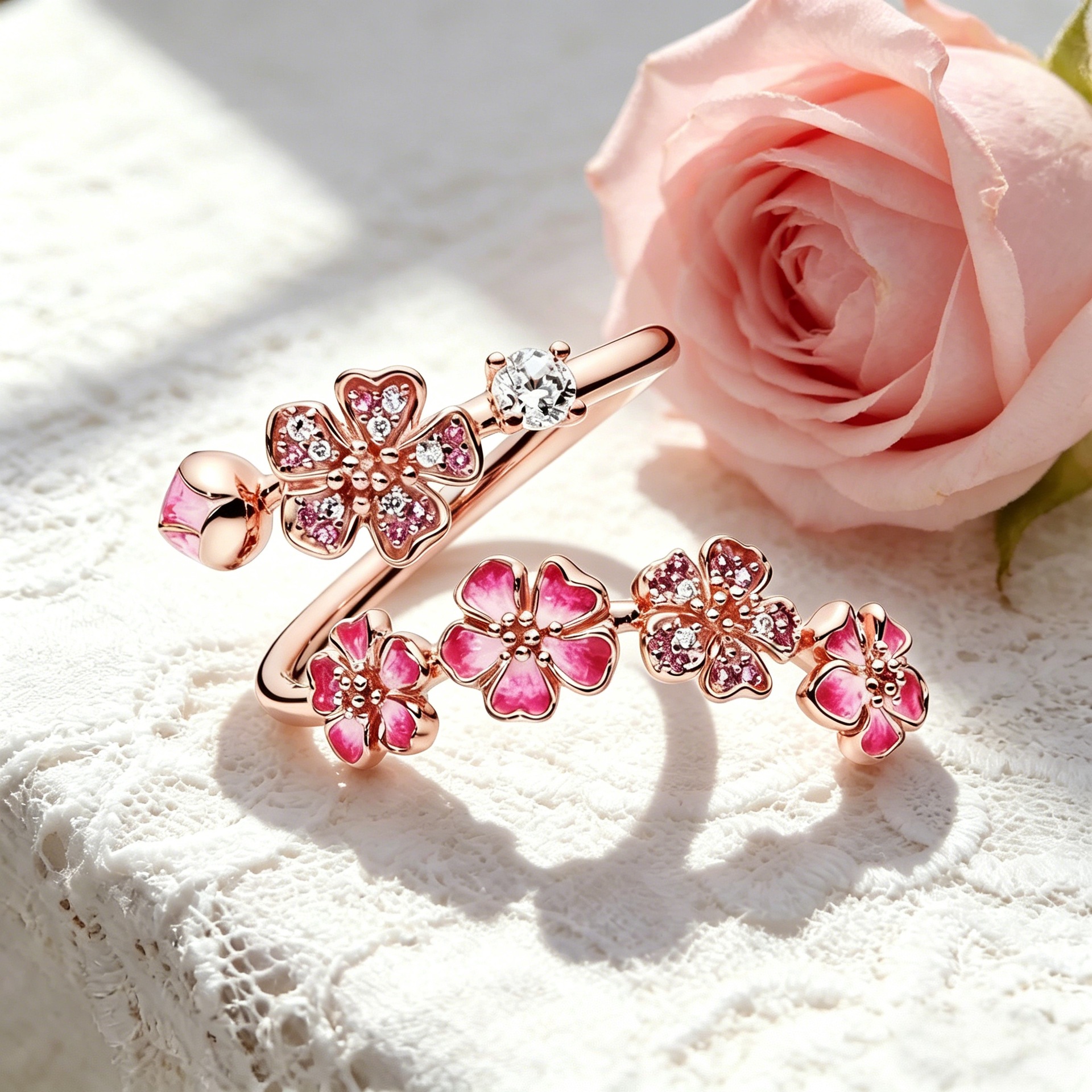Peach Blossom Ring Flower Adjustable Ring Dainty Pavé Floral Beaded Ring Gift for Her Anniversary Gift - soufeelau