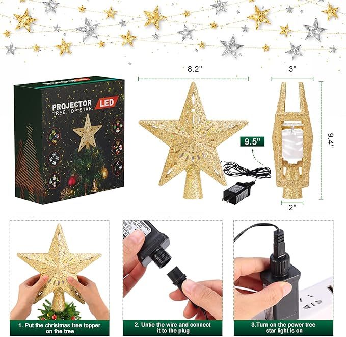 Christmas Tree Topper Star Lighted With 6 Projection Modes Christmas Star Tree Topper With Led Rotating Lights Gold Tree Topper 3d Glitter Dynamic Projection For Xmas Party Holiday Decorations - soufeelau