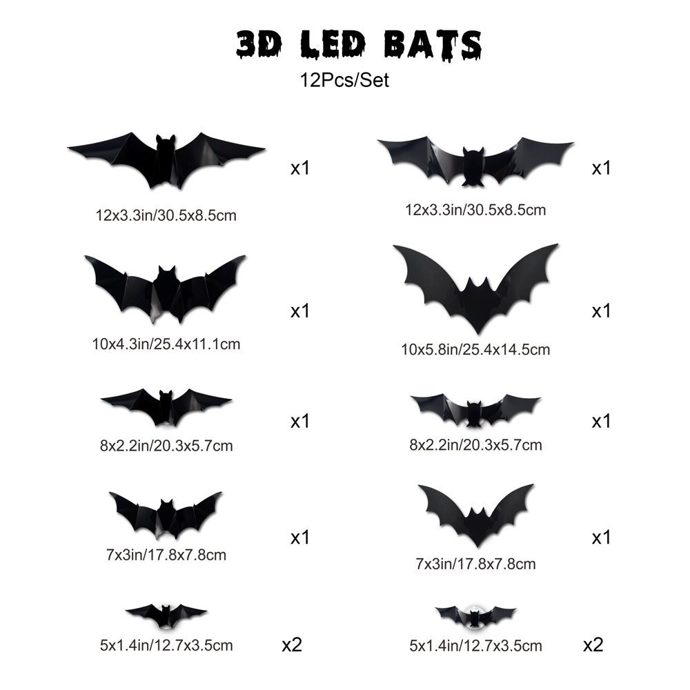 3D Bat Light Design LED Decorations 12pcs Set Spooky Ornaments for Home Party Festival Halloween Easy Install Wall Stickers Smooth Application - Decorative - soufeelau