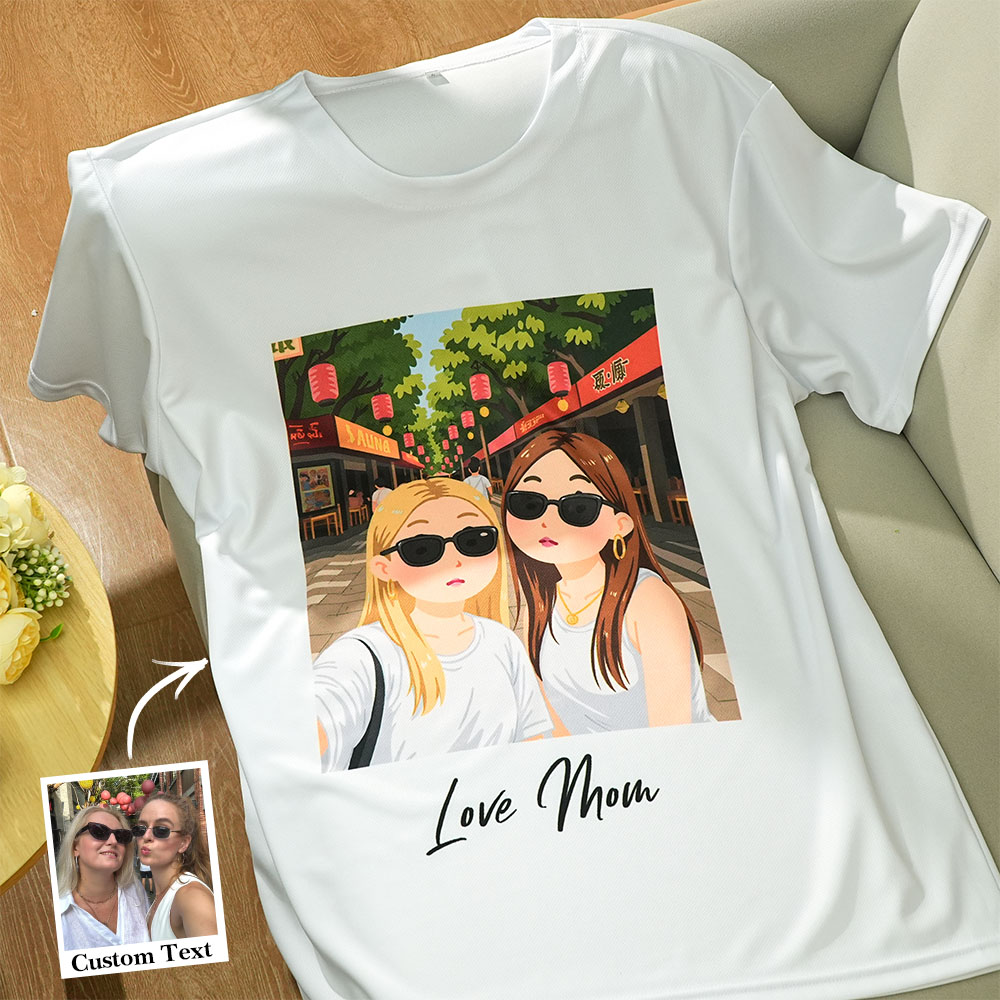 Custom Cartoon Style Photo T-Shirt Personalized Anime Portrait Tshirt with Custom Text Gift for Mom - soufeelau