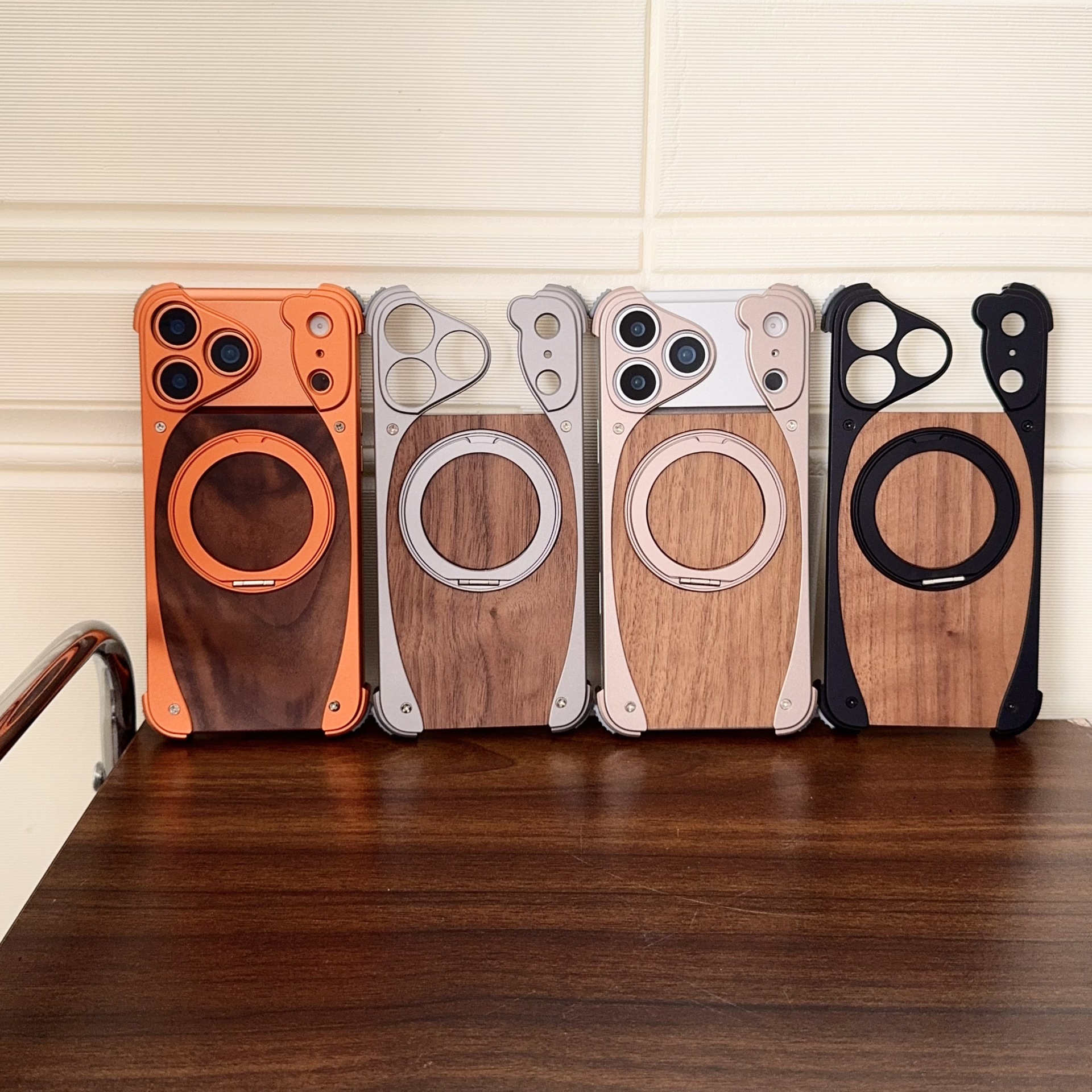 Walnut Wood Phone Case Metal Bumper Magnetic Wireless Charging Compatible 360 Rotatable Ring Kickstand Shockproof Heavy Duty Cover Gift for Men - soufeelau