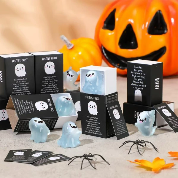 Halloween Mini Ghost Figures Glow-In-The-Dark Resin Figures With Box - soufeelau