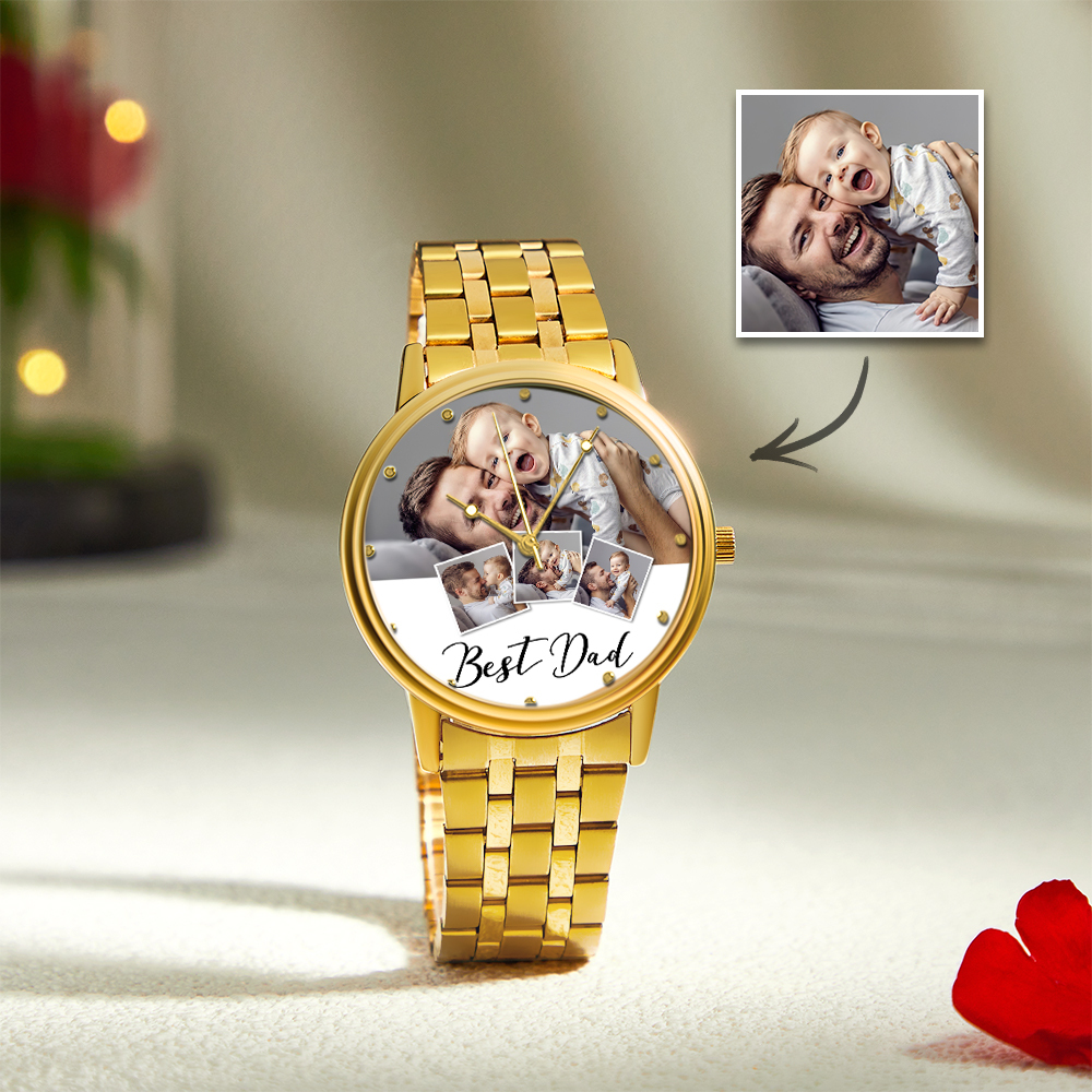 Personalized Engraved Photo Watch Men's Black Alloy Bracelet Photo Watch Father's Day Gifts For Dad - soufeelau