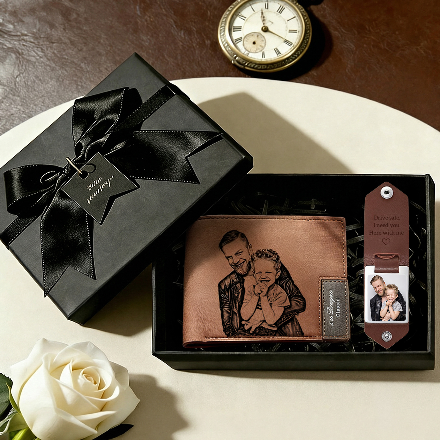 Custom Photo Wallet and Leather Photo Text Drive Safe Keychain Set Father's Day Gift for Him - soufeelau