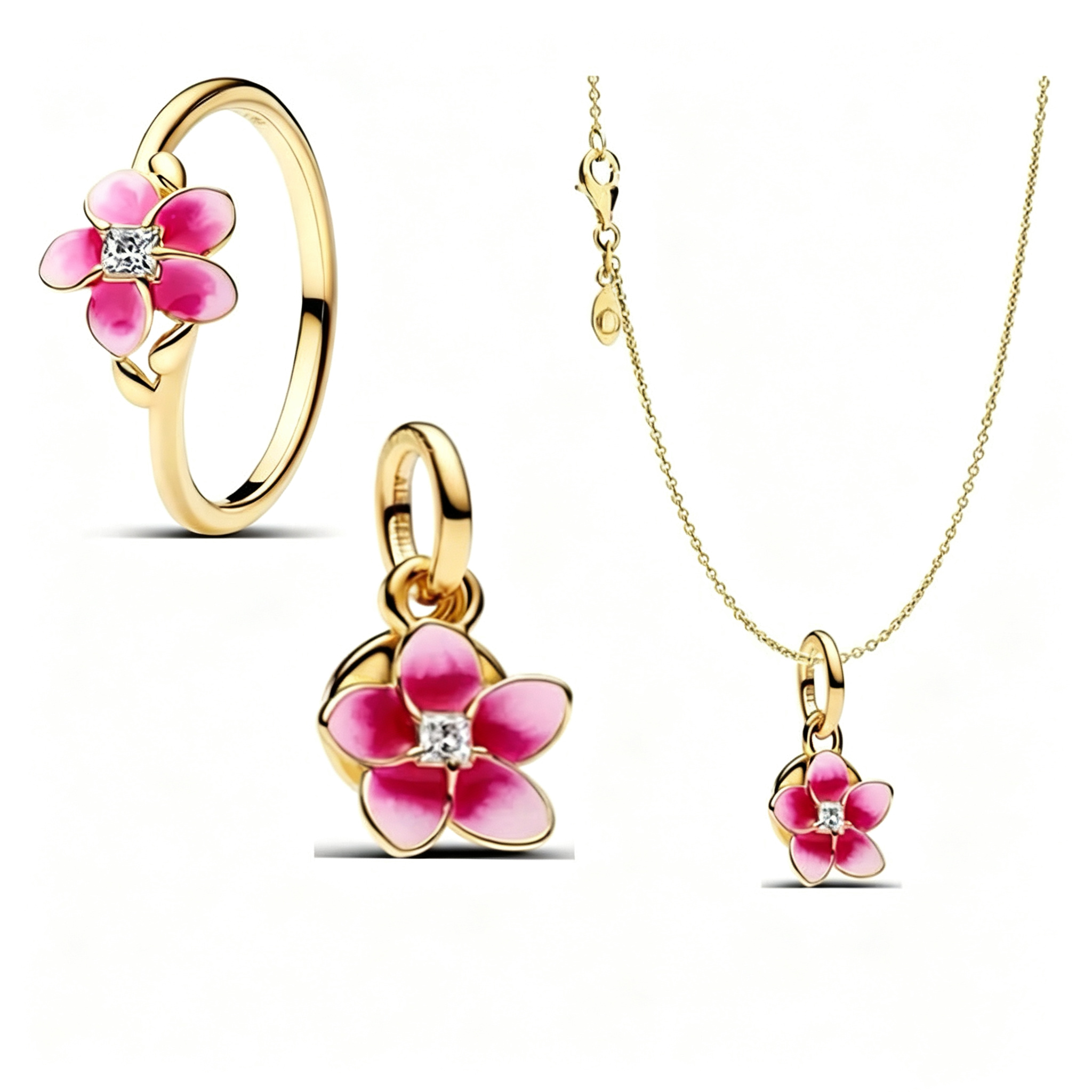 Pink Enamel Flower Pendant Necklace & Ring Jewelry Set Gold Plated Floral Charm Choker Necklace CZ Crystal Flower Statement Ring Elegant Botanical Jewelry for Women