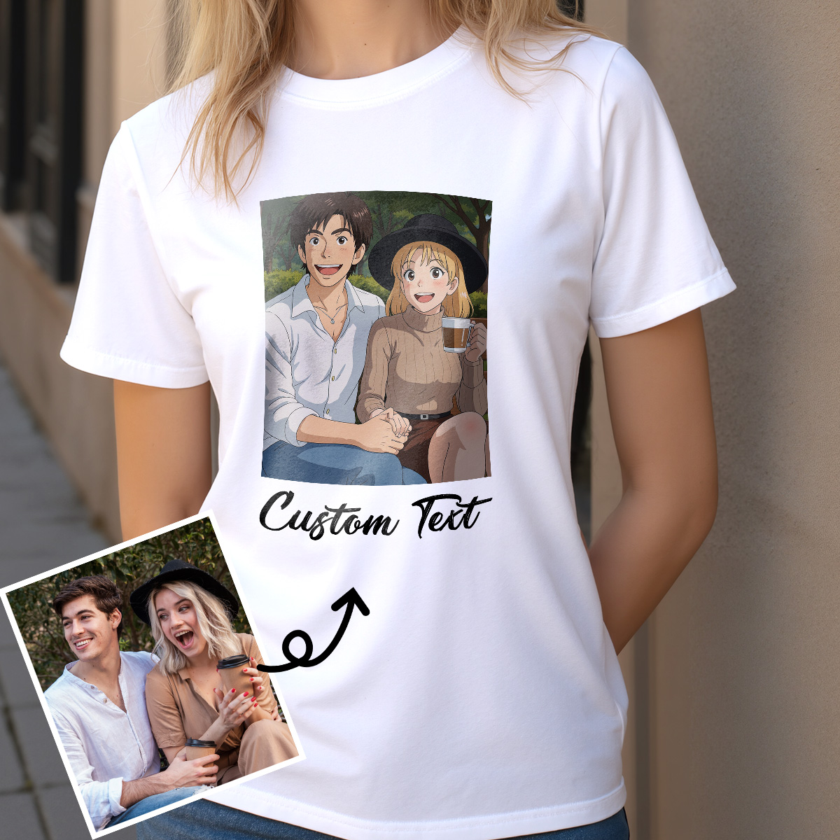 Custom Cartoon Style Drawing Photo T-shirt with Custom Text Personalized Anime Portrait T-shirt Gift for Mom Dad Kids - soufeelau