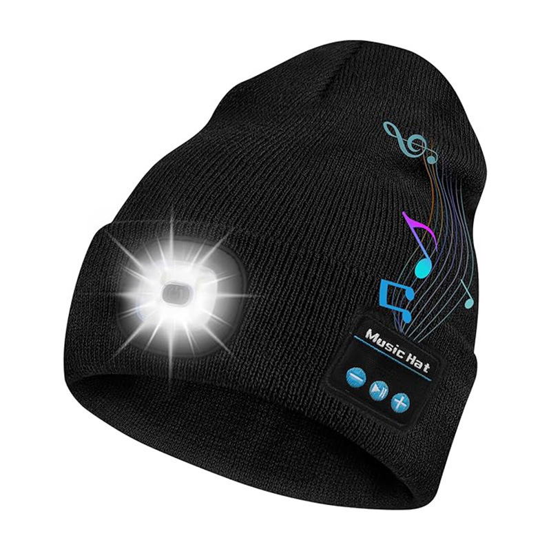 LED Rechargeable Bluetooth Light-Up Knitted Beanie Hat with Built-in Headlamp - soufeelau