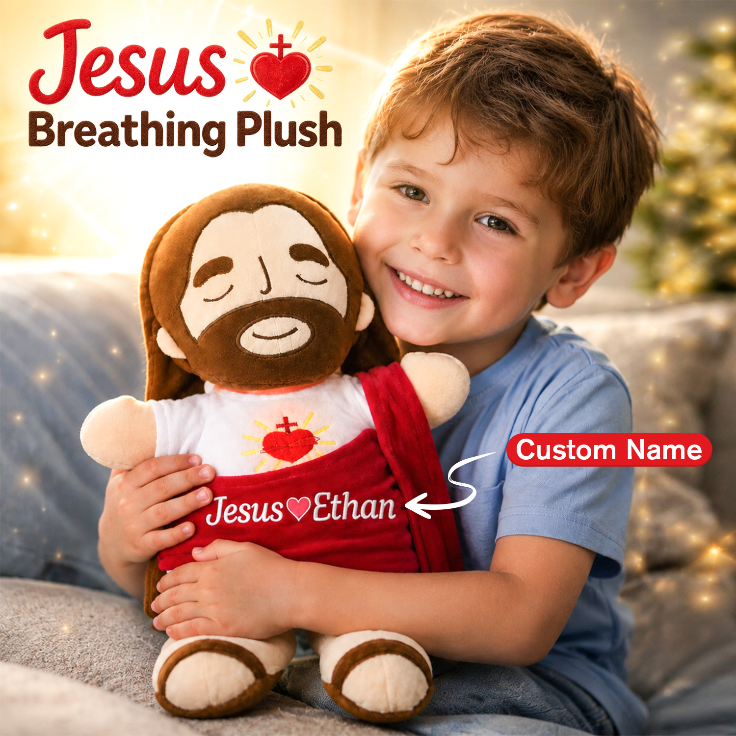 Personalized Breathing Jesus Plush – Glowing Comfort Prayer Doll with Custom Name, Christian Gift for Kids & Loved Ones - soufeelau