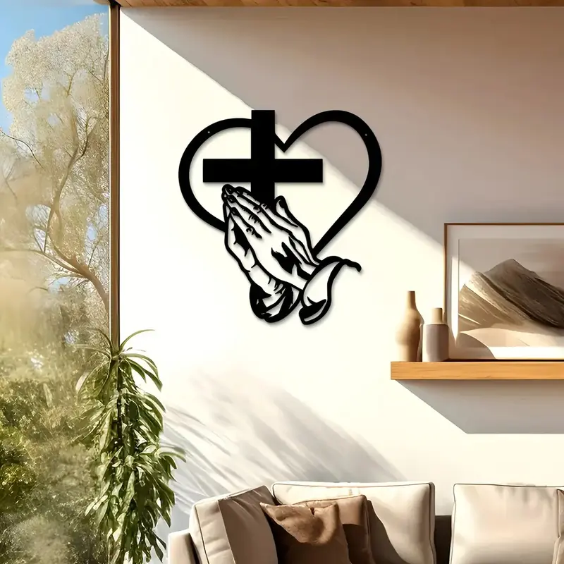 Elegant Metal Christian Heart & Cross Wall Art Praying Hands Design Indoor Outdoor Iron Sculpture Perfect for Living Room Garden Office Farmhouse Decor - soufeelau