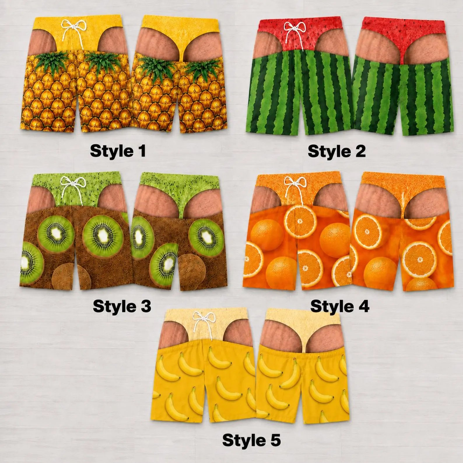 Custom Funny Men's Swim Trunks with Tropical Fruit Illusion- Summer Vacation & Beach Party Gift for Him - soufeelau