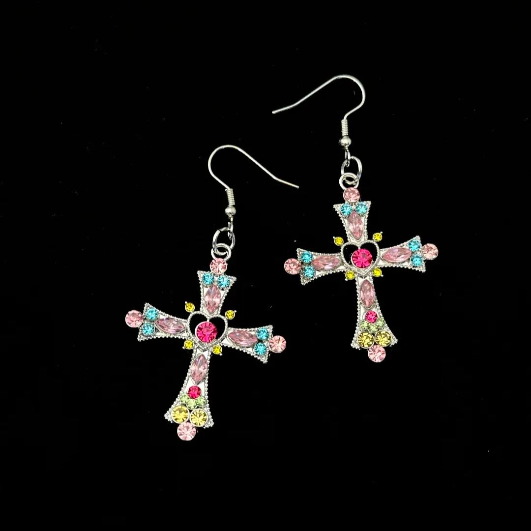 Pink Crystal Cross Pendant Necklace Gothic Punk Colorful Cross Zircon Choker for Egirl Eboy Woman - soufeelau