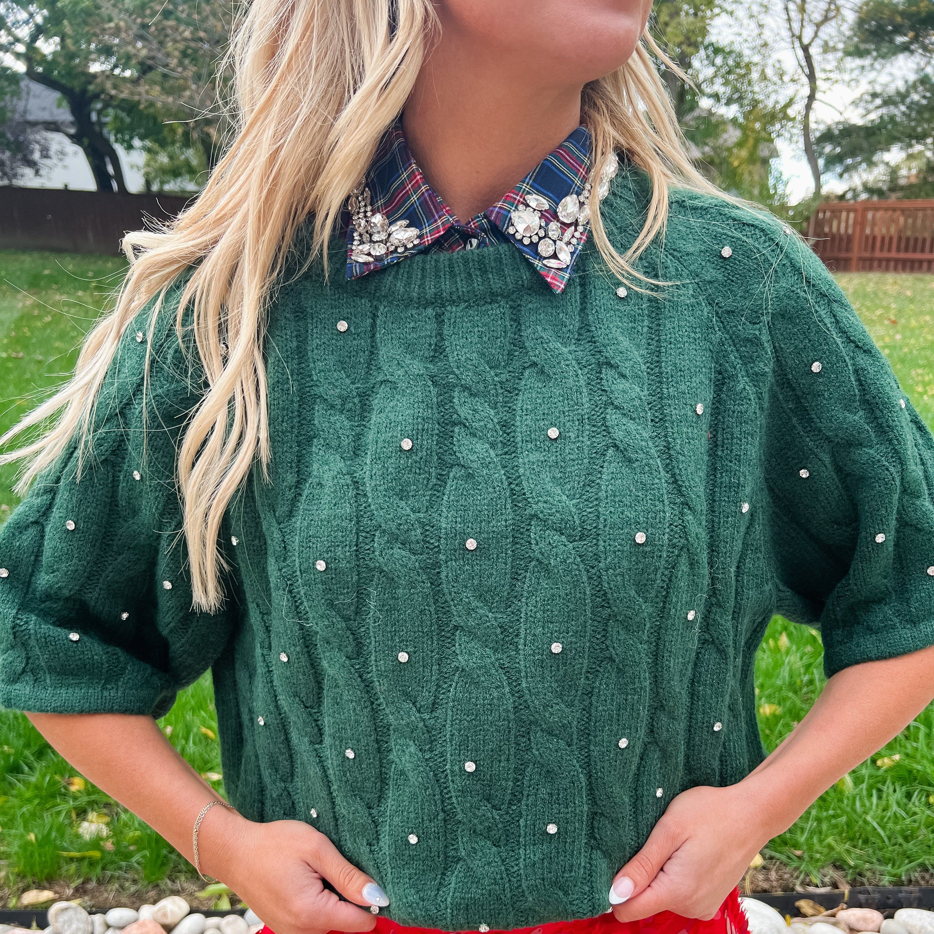 Red Christmas Plaid Rhinestone Collar - soufeelau