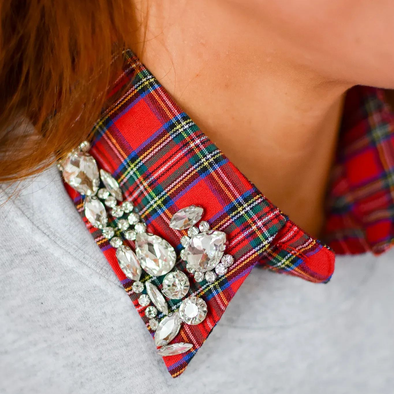 Red Christmas Plaid Rhinestone Collar - soufeelau