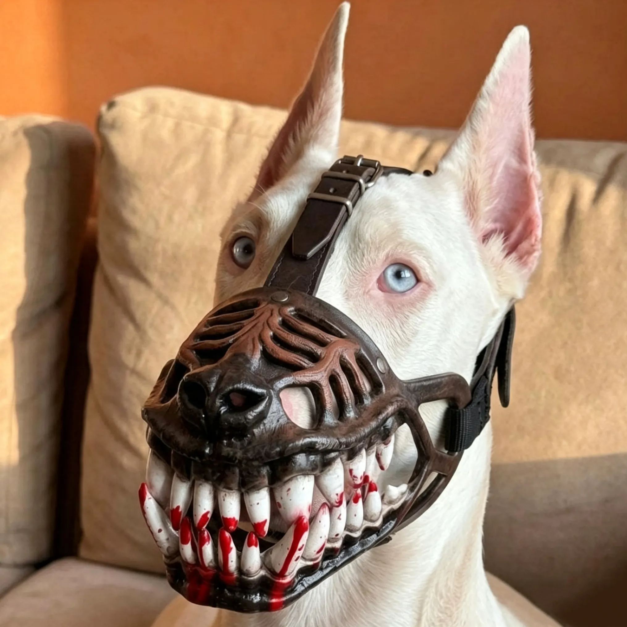 Hellhound Monster Dog Muzzle with Bloody Teeth Scary Werewolf Dog Muzzle for Halloween Costume Adjustable Anti-Bite Basket Muzzle for Large Dogs - soufeelau