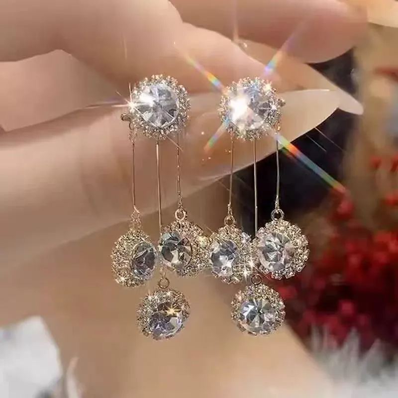 2-in-1 French Hepburn Crystal Tassel Earrings Convertible Sparkling Cubic Zirconia Studs with Detachable Long Drop Fringe Korean Style Statement Earrings for Women - soufeelau