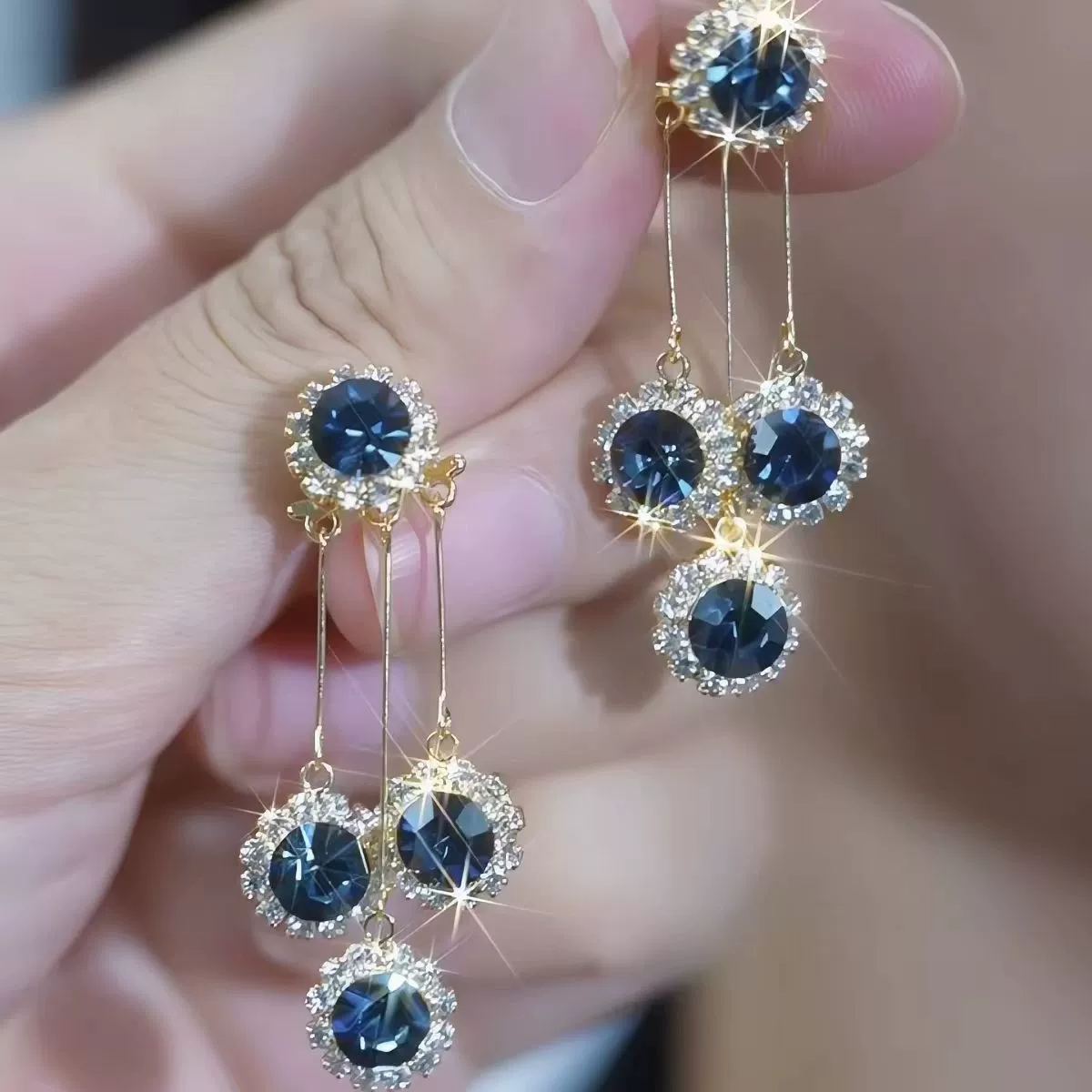 2-in-1 French Hepburn Crystal Tassel Earrings Convertible Sparkling Cubic Zirconia Studs with Detachable Long Drop Fringe Korean Style Statement Earrings for Women - soufeelau