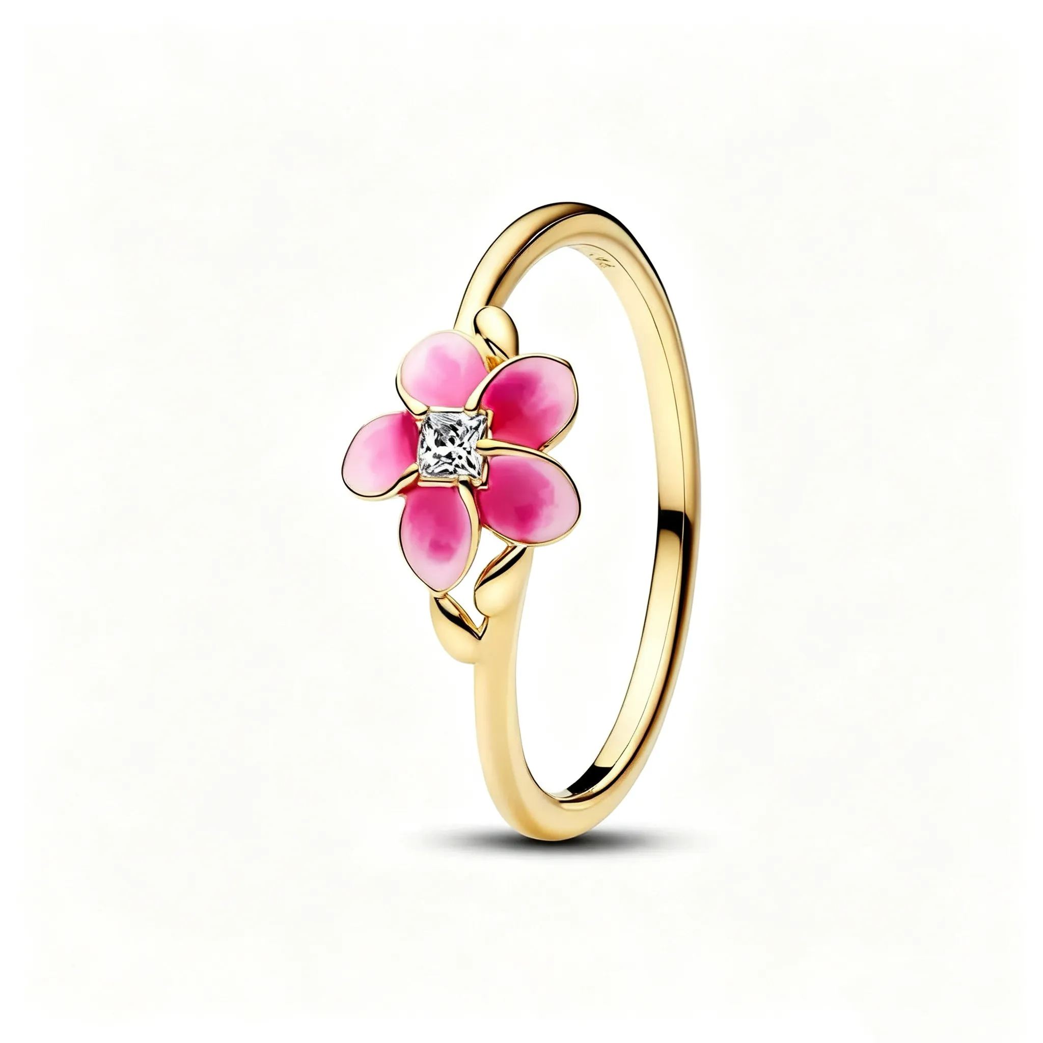 Pink Enamel Flower Pendant Necklace & Ring Jewelry Set Gold Plated Floral Charm Choker Necklace CZ Crystal Flower Statement Ring Elegant Botanical Jewelry for Women