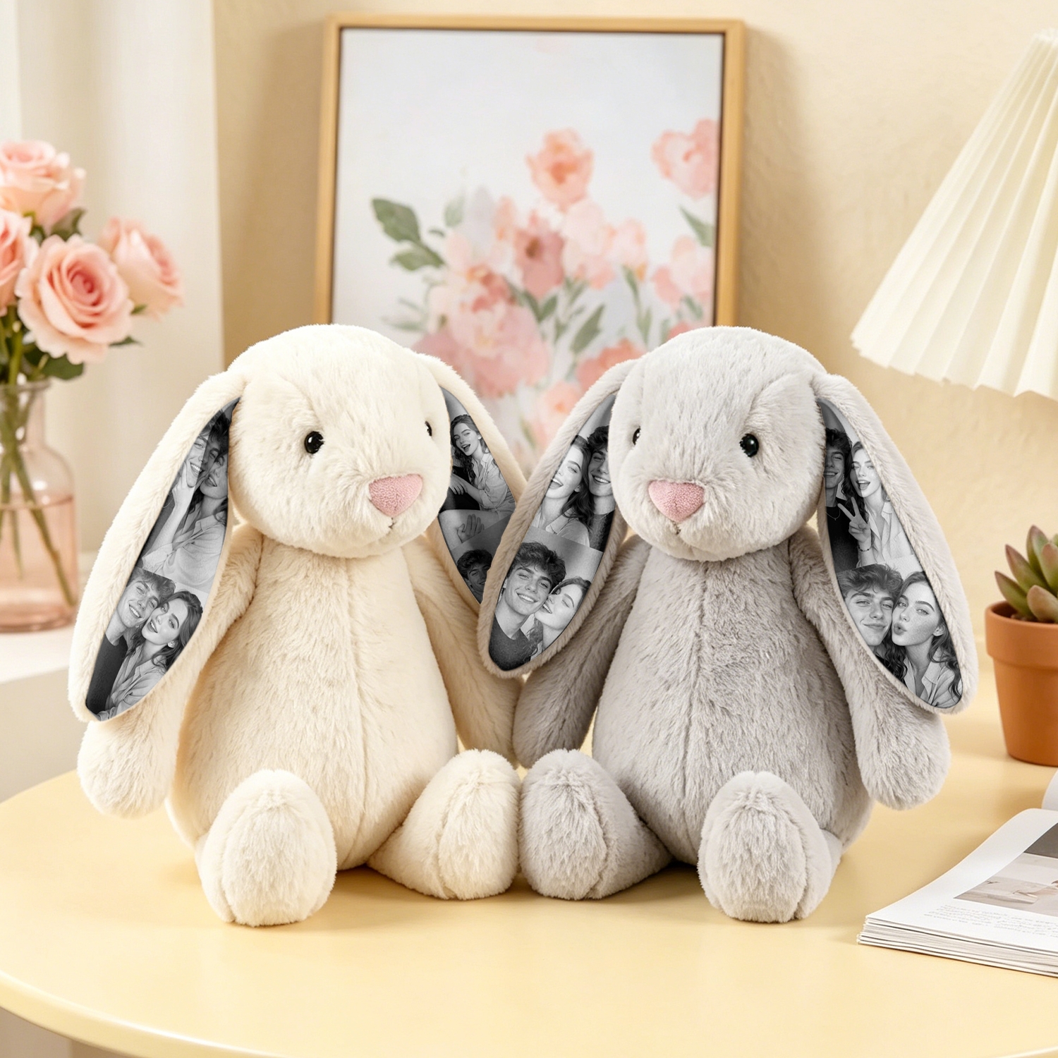 Custom Photo Couple Bunny Plush Personalized Hidden Ear Picture Bunny Gift for Couples Anniversary Gifts - soufeelau