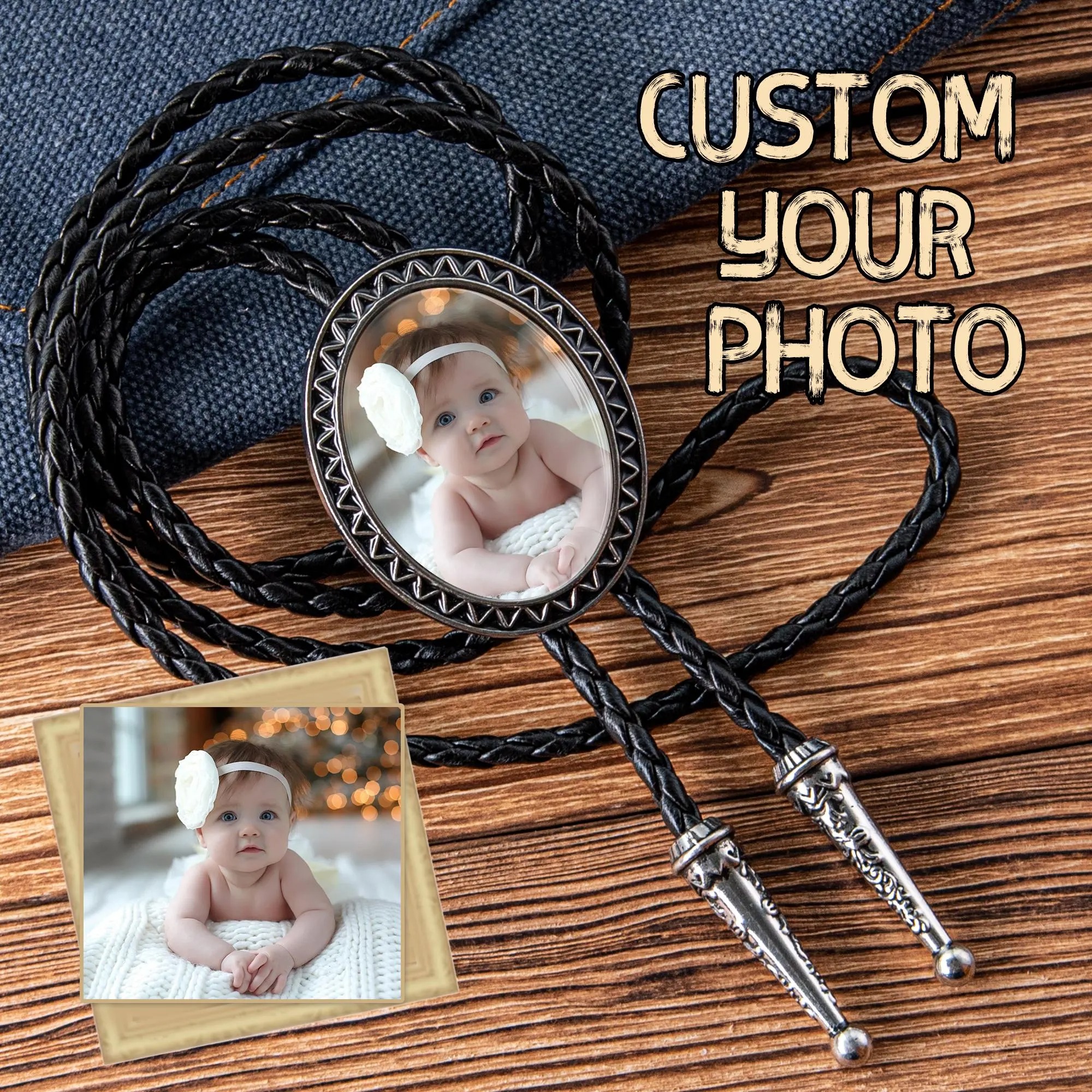 Personalized Photo Bolo Tie Necklace, Custom Leather Cord Western Tie, Pendant Necklace, Anniversary Souvenir, Valentine's Day Gift - soufeelau
